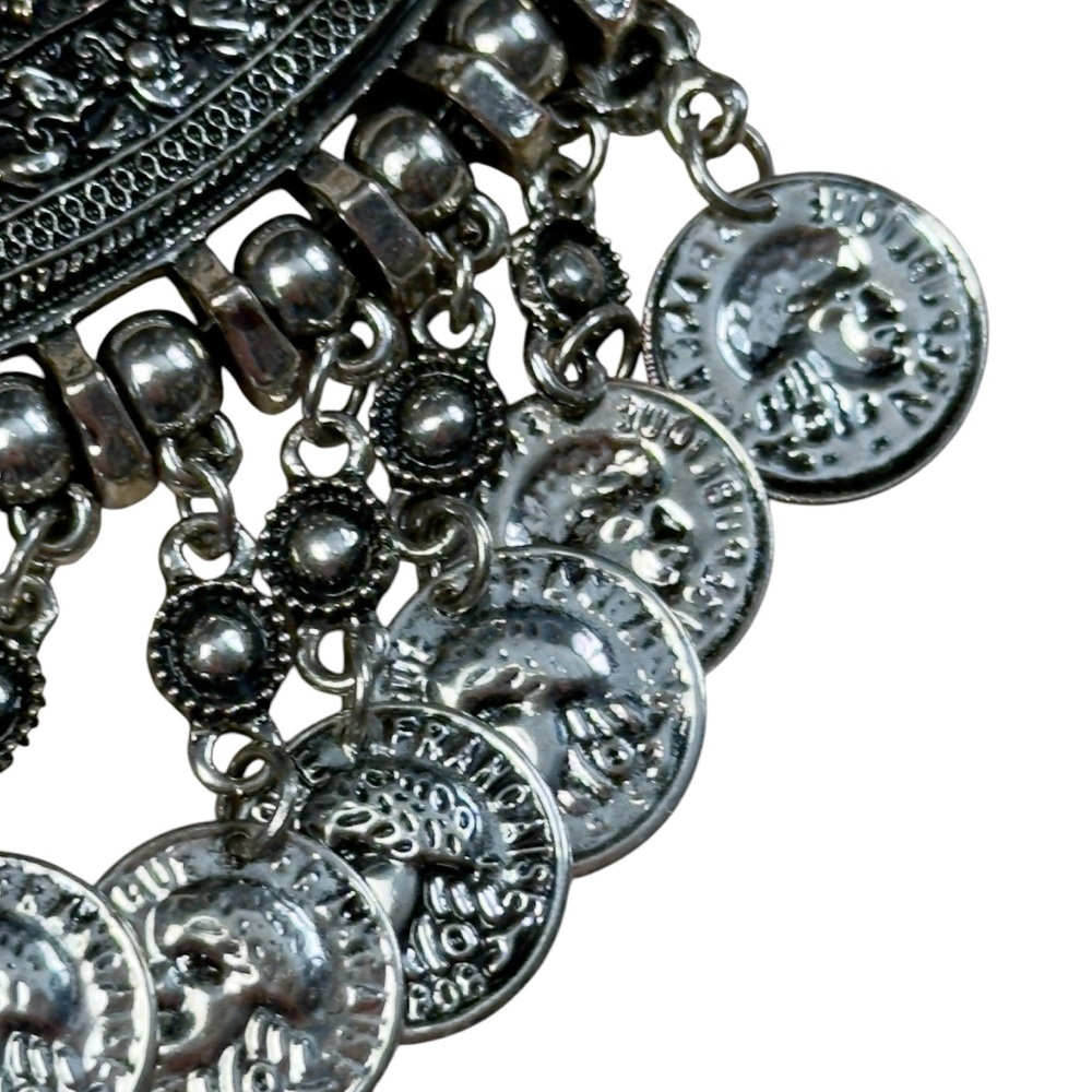 Boho Oxidized Silver Tone Tribal Coin Fringe Bib Necklace Statement Choker - Picture 6 of 14
